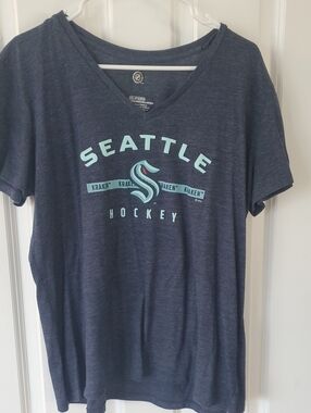 NHL Seattle Hockey V-Neck Tee in Navy with Teal Logo